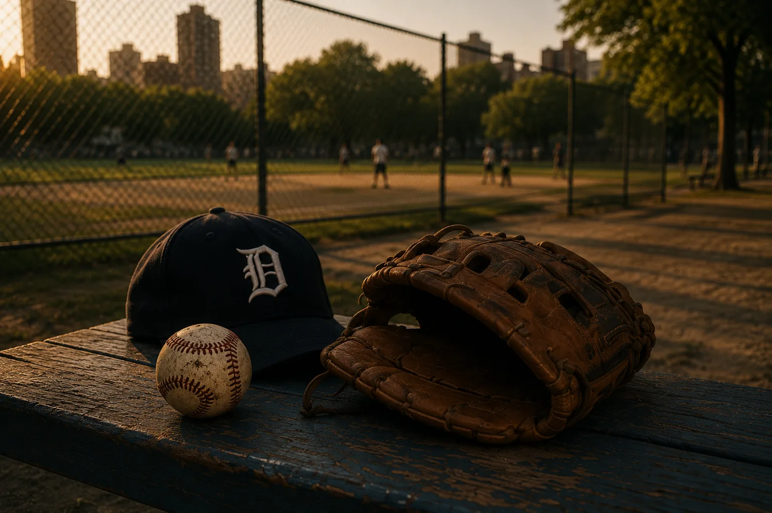 A worn glove, ball, and cap on a dugout bench at a Dominican baseball field at golden hour