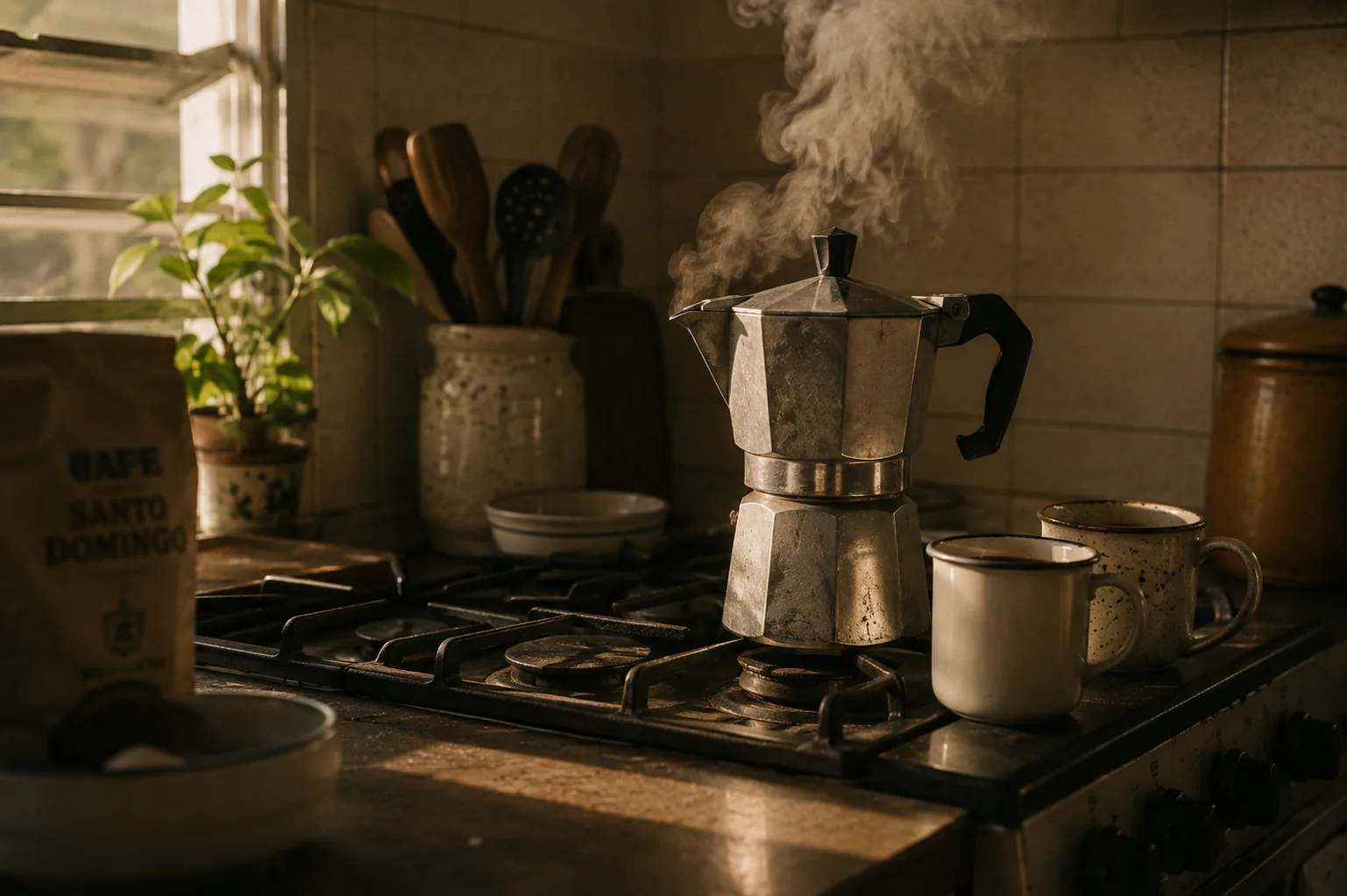 Steaming coffee brewing in a rustic kitchen