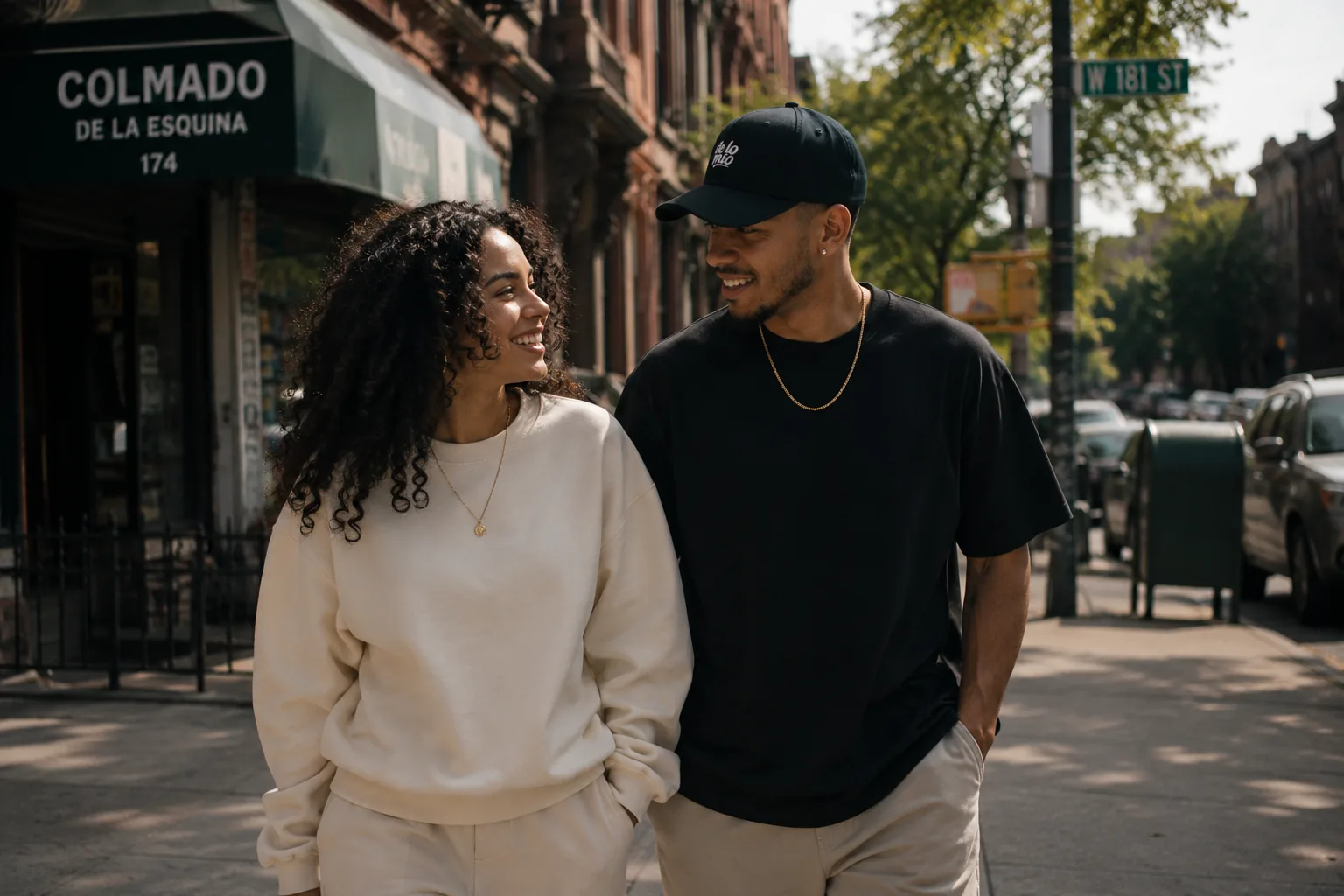 A couple in de lo mío basics walking past Colmado de la Esquina on West 181st Street