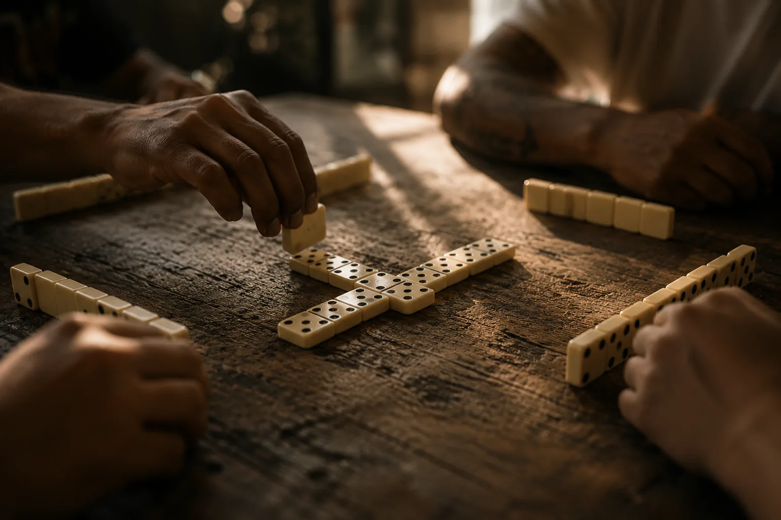 Dominoes game in soft afternoon light