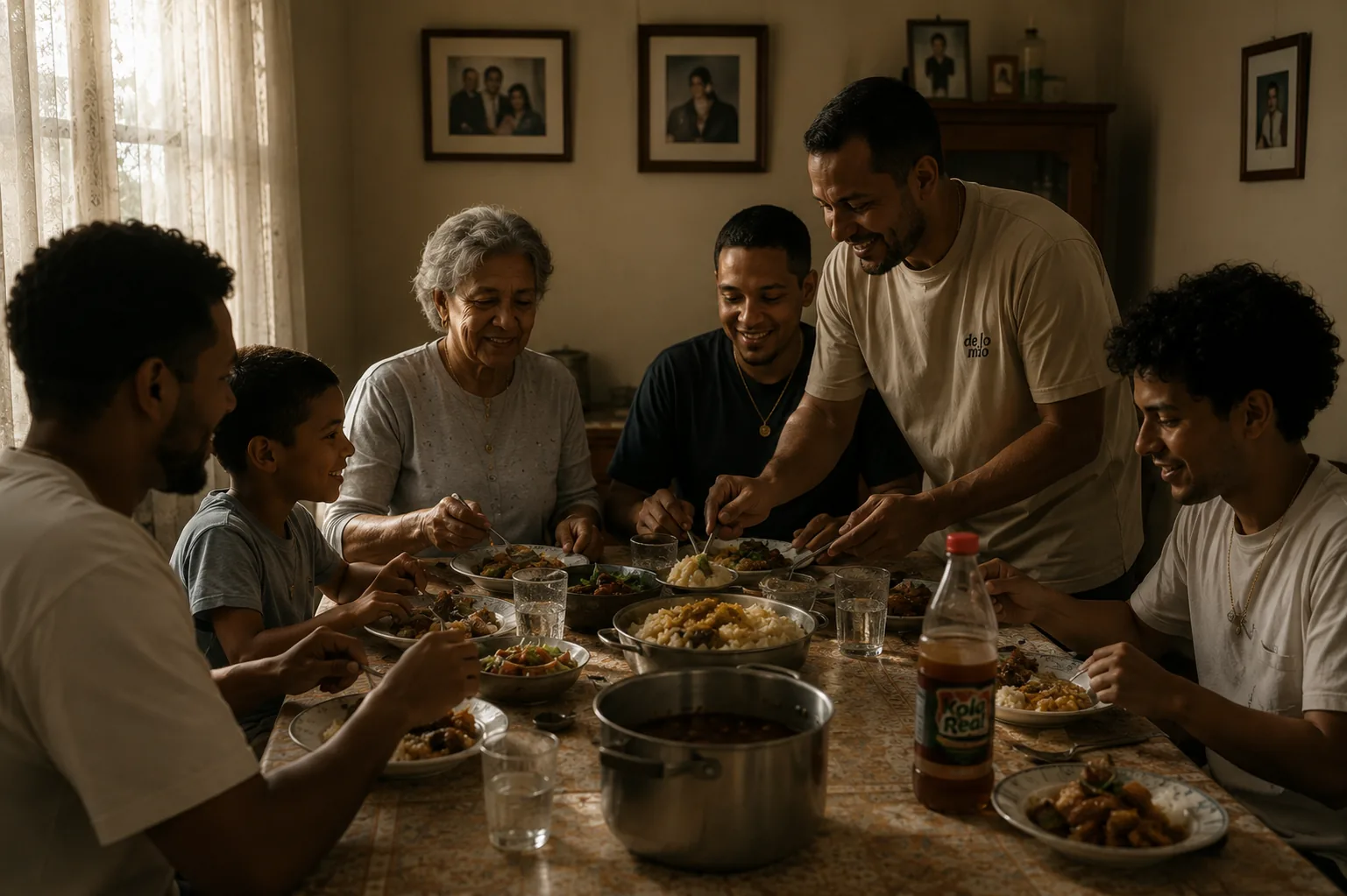 Three generations of a Dominican family sharing a meal at home, one wearing a de lo mío tee